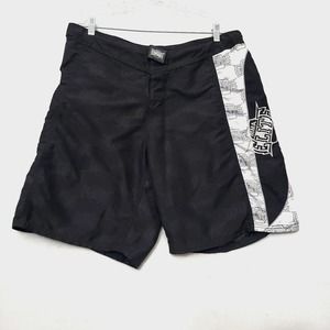 MMA Elite Fight Shorts Mens L Wrestle Board Swim Trunk Black All Over Logo Print